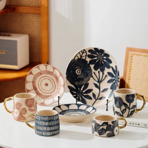 Embossed Floral Gold Handle Ceramic Tableware Collection