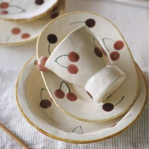 Handmade Rustic Cherry Print Ceramic Tableware Set
