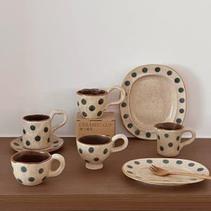 Vintage Dark Polka Dot Speckled Clay Tableware Set