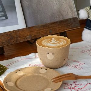 Handmade Rough Clay Bear Print Coffee Cup & Saucer Set