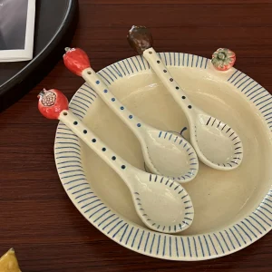 Handmade Blue Striped Fruit Accent Ceramic Spoon & Plate Set