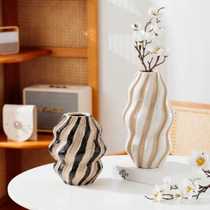 French vintage ceramic striped vase, living room flower arrangement decoration